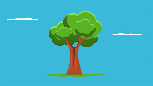 Large leafy tree in peaceful landscape. Tree concept. Full length Icon animation illustration. High quality&nbsp;4k&nbsp;footage