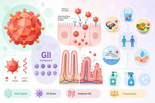 Norovirus genogroup II infographic illustration of viral capsid structure and stomach flu transmission