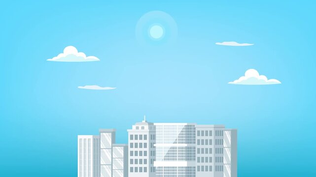 City skyline beneath clear blue sky. Blue Sky concept. Full length Icon animation illustration. High quality&nbsp;4k&nbsp;footage