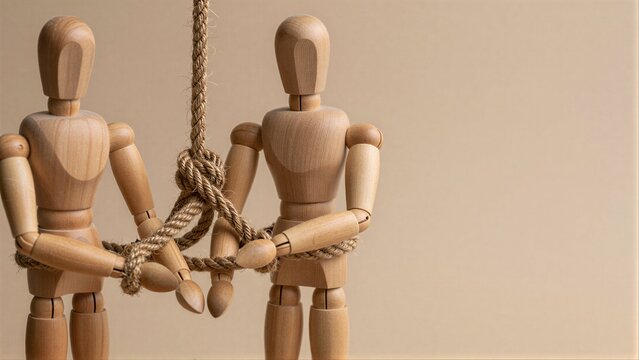 Two wooden figures tied together by rope, symbolizing connection or constraint.
