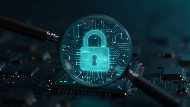 Magnifying glass reveals digital lock on circuit board, symbolizing cybersecurity protection.
