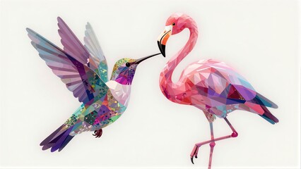 Obraz premium A vibrant, geometric hummingbird and flamingo share a colorful, stylized moment.