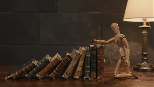 Wooden figure arranges vintage books beside a warm-lit lamp on a wooden table.