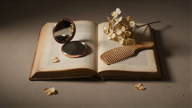 Open book with mirror, comb, and dried flowers resting on its pages.