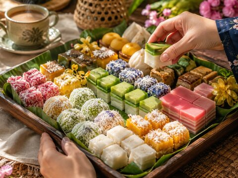 Traditional Malaysian desserts kuih arranged in a festive Merdeka inspired red, white, blue and yellow color palette