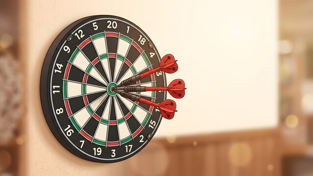 Three red darts hitting the bullseye on a dartboard, representing success and accuracy.