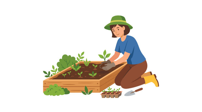 Woman Planting Seedlings in a Raised Garden Bed with a Hat and Gloves