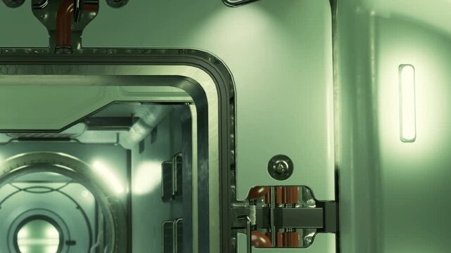 A spacecraft interior shows a narrow corridor and mounted equipment. Lights illuminate the walls, and machinery lines the space. The view emphasizes the design and function of the environment.