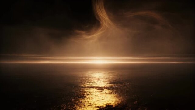 Glowing light emerging from a dark, misty, reflective surface