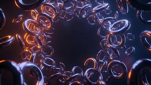 Abstract toroidal shapes floating in a dark void with orange and purple lighting