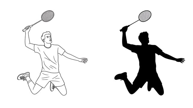 Minimalist Line Art and Silhouette of a Badminton Player Performing a Powerful Jumping Smash Shot