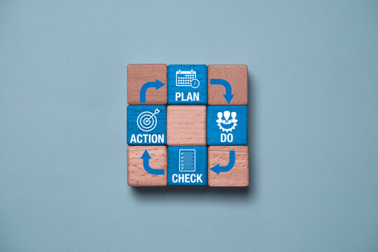 PDCA cycle with Plan, Do, Check and Action on wooden blocks, representing continuous improvement, quality management, business process, workflow optimization and strategic problem solving.