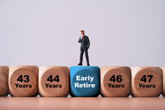 Early retirement concept with businessman standing on age timeline representing financial independence, retirement planning, career exit, money savings, investment strategy and future freedom.