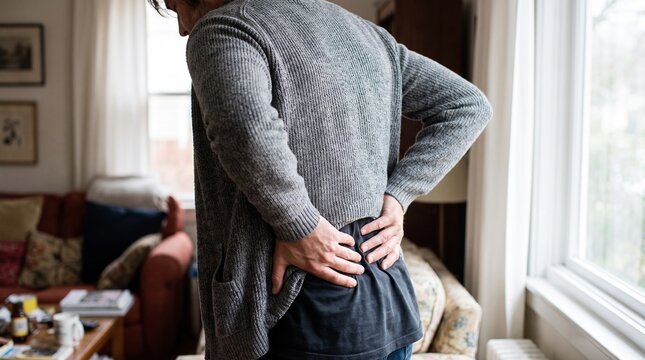 A person experiences lower back pain, holding their hands to their aching back in a domestic setting