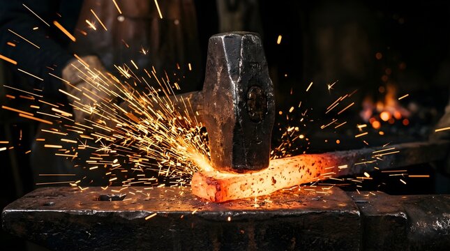 Blacksmith hitting glowing hot metal with heavy hammer on anvil in shop