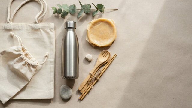 Canvas Tote Bag with Reusable Items, Including a Metal Water Bottle, Soap Bar, Wooden Cutlery, and Natural Sponge