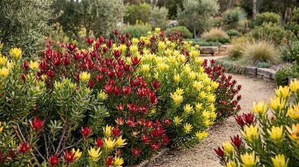Naklejka premium Natural botanical display of blooming red and yellow conebush shrubs growing densely in an outdoor garden background leucadendron salignum view flower plant botanical nature flora shrub bush conebush