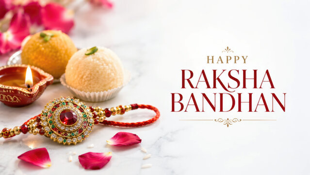Happy raksha bandhan text with jeweled rakhi sweets petals, raksha bandhan greeting, indian festival wishes, traditional sibling celebration, decorative rakhi bracelet, brother sister bond
