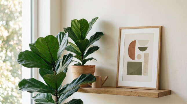 Green fiddle leaf fig house plants in pots and framed art on wooden wall shelf.