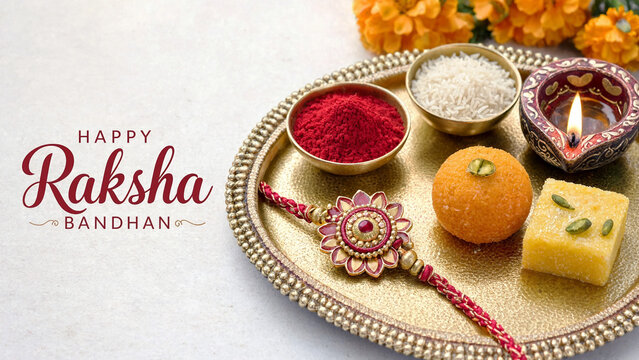 Festival greeting beside puja thali rakhi diya sweets, raksha bandhan puja thali, rakhi ceremony ritual, indian sibling celebration, brother sister bond, cultural heritage, festive customs