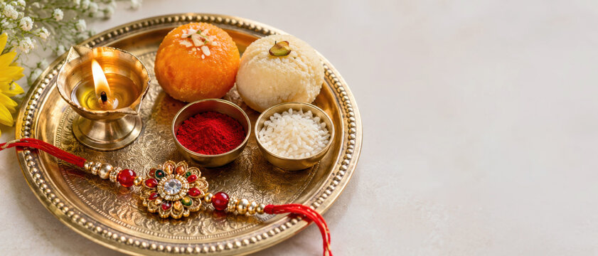 Brass rakhi thali with diya sweets kumkum rice greeting, raksha bandhan puja thali, rakhi ceremony ritual, indian sibling celebration, cultural heritage, festive customs, protection ritual