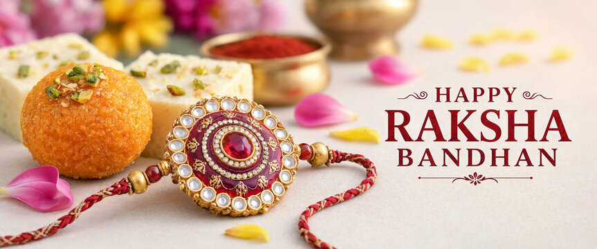 Festival banner with jeweled rakhi laddu barfi greeting, raksha bandhan greeting, indian festival wishes, traditional sibling celebration, festive holiday message, cultural greeting design
