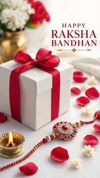 Wrapped white gift red ribbon rakhi festival greeting, raksha bandhan