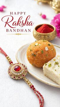 Raksha bandhan greeting with jeweled rakhi laddu barfi, raksha bandhan greeting, indian festival wishes, traditional sibling celebration, decorative rakhi bracelet, festive holiday message