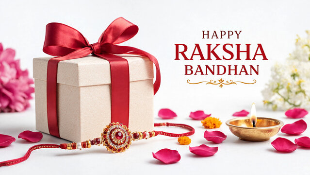 Raksha bandhan greeting with wrapped gift rakhi diya, raksha bandhan greeting, indian festival wishes, traditional sibling celebration, family tradition, festive customs, protection ritual