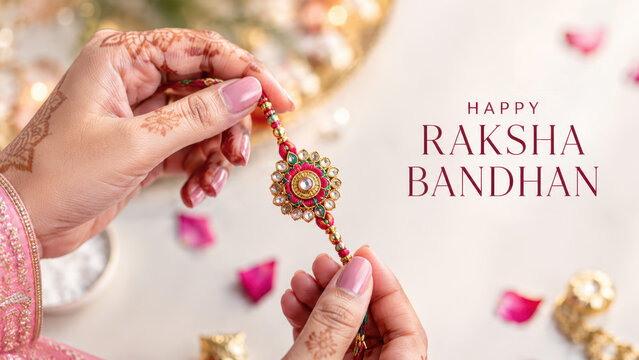 Raksha bandhan festival greeting, traditional rakhi bracelet held by sister, indian sibling celebration, decorated hands with henna, brother protection ritual, holiday banner, copy space