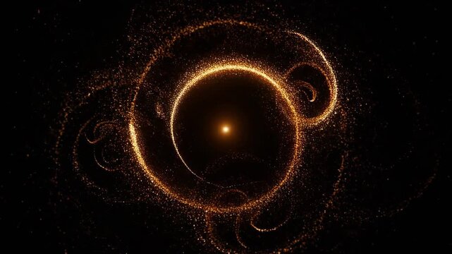 Glowing golden particles forming a dynamic circular spiral on black background