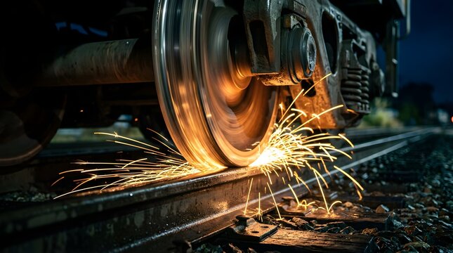 Glowing sparks flying from a train wheel braking on steel railway tracks