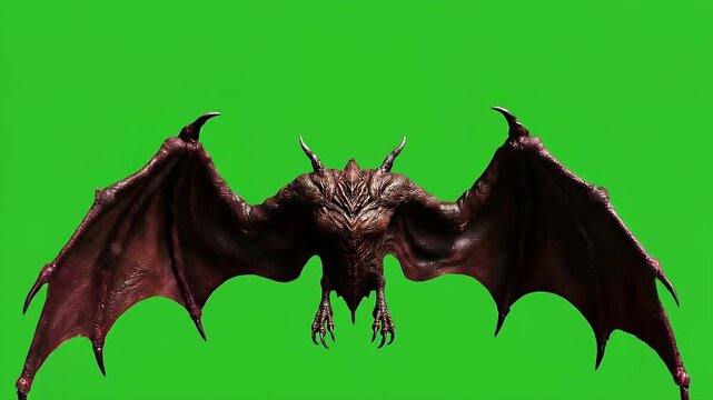 Fantasy Headless Dragon Bat Creature Flying on Green Screen for Visual Effects.
