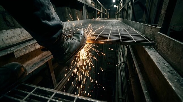 Industrial worker boot striking sparks on metal grating in dark factory