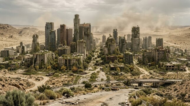 Post apocalyptic ruined city skyline with abandoned buildings and wasteland destruction.