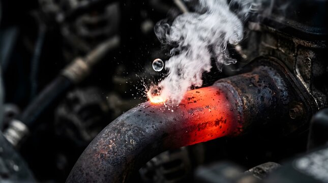 Overheated vehicle exhaust pipe emitting steam and water droplets closeup
