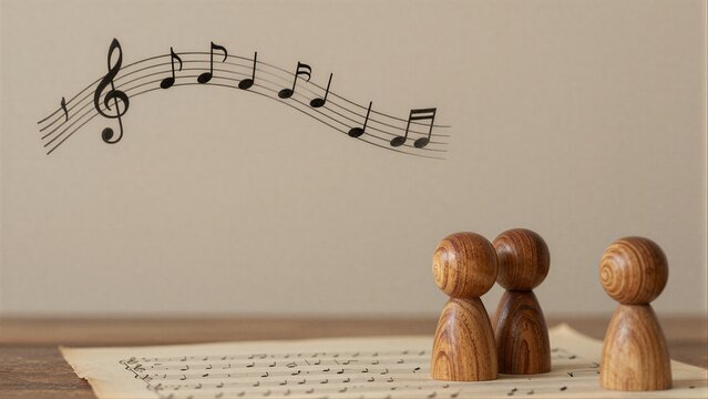 Wooden figures gaze at musical notes, evoking harmony and timeless artistry.