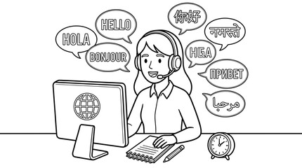 Customer service agent with headset speaks multiple languages, computer with globe icon, notebook, pencil, clock © moh