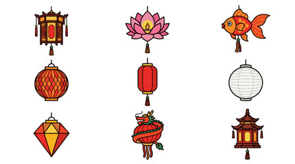 Fototapeta premium Variety of ornate Chinese lanterns and cultural ornaments.