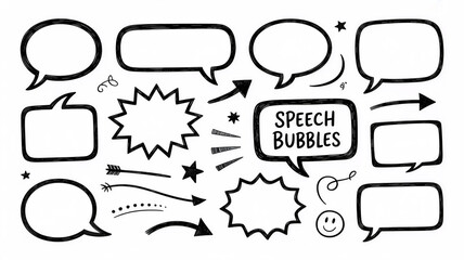 Fototapeta premium Black and white line art illustration of speech bubbles and communication symbols with arrows and lightning bolts thought bubbles graphic design