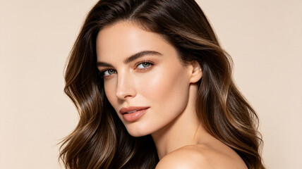 Fototapeta premium A close-up portrait of a woman with long wavy brown hair and glowing skin, featuring a natural makeup look on a neutral background.