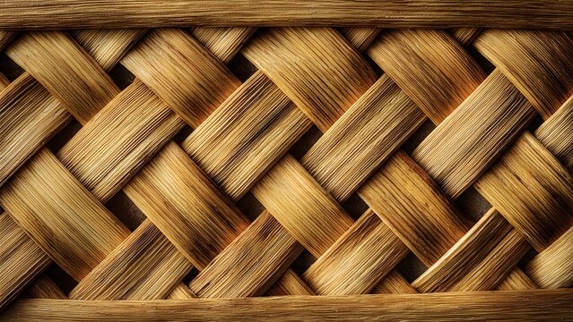 Woven bamboo strips create a textured diagonal pattern on a natural surface.