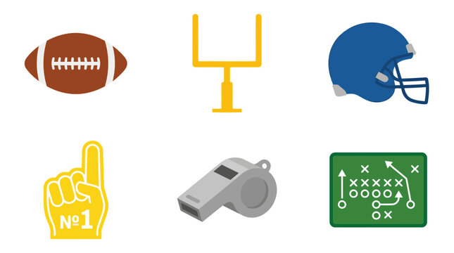 Set of American football sports equipment and game elements flat vector