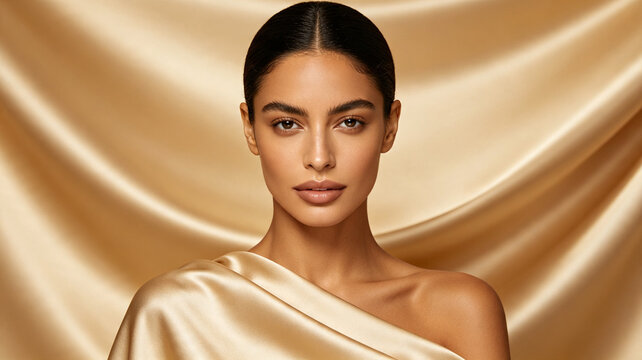 A stunning woman with elegant makeup poses against a gold satin backdrop, wrapped in matching luxurious fabric. High fashion beauty portrait.