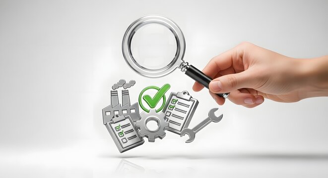 Quality control and maintenance inspection of industrial processes and factory operations. A magnifying glass symbolizes thorough auditing for compliance and operational efficiency