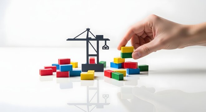 Hand Placing a Colorful Block Next to a Construction Crane Model for Project Management and Development Planning