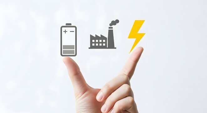 Sustainable Industrial Energy Concept Featuring Battery Storage Factory Production And Electric Power Symbols Held By A Hand