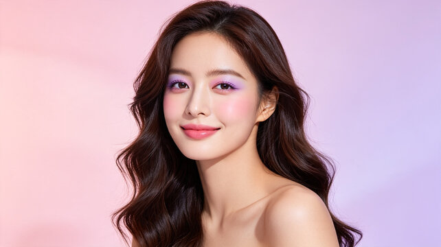 Portrait of a young Asian woman with long wavy hair and soft pink and purple makeup, posing against a pastel gradient background.
