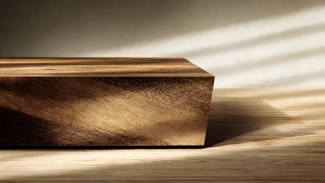 Thick wooden platform rests on a table with soft slatted light shadows.