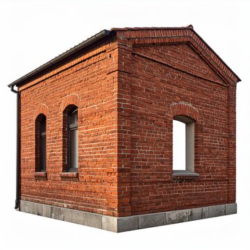 Aged, red brick building with arched windows, missing window, set against white backdrop